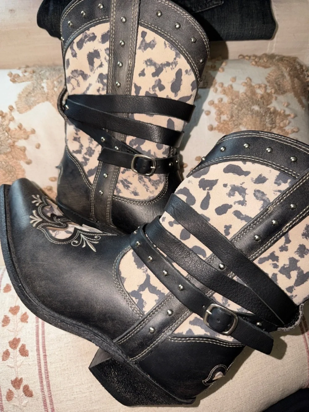 Western-Inspired Black and Cream Ankle Bootie with Buckle Strap
